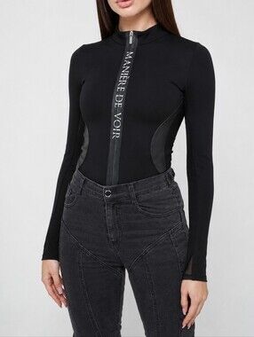 Maniere De Voir Black Long-Sleeve Zip-Front Bodysuit